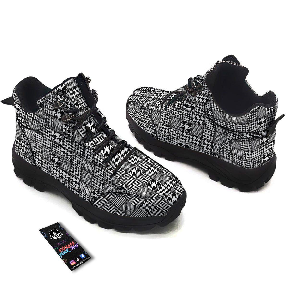 Geometric Patchwork Houndstooth Print Pattern Hiking Shoes-grizzshop