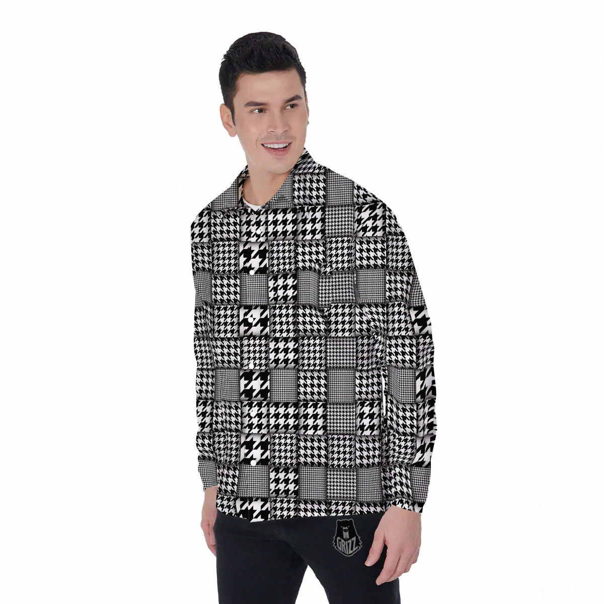 Geometric Patchwork Houndstooth Print Pattern Men's Long Sleeve Shirts-grizzshop