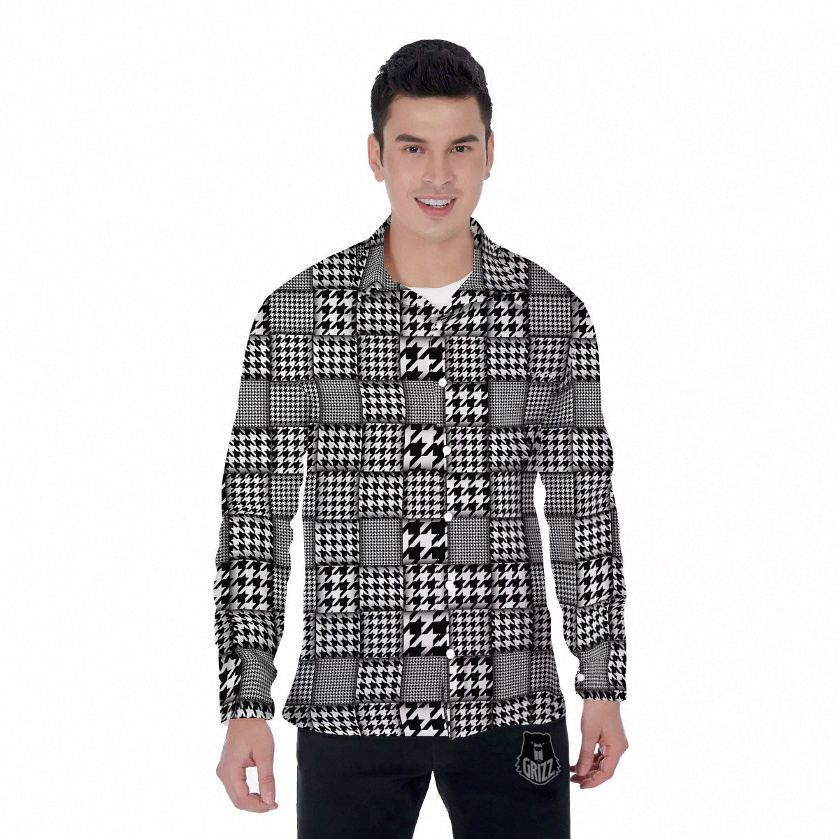Geometric Patchwork Houndstooth Print Pattern Men's Long Sleeve Shirts-grizzshop