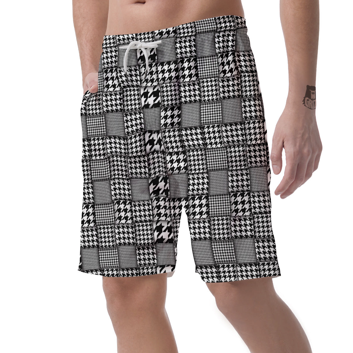 Geometric Patchwork Houndstooth Print Pattern Men's Shorts-grizzshop