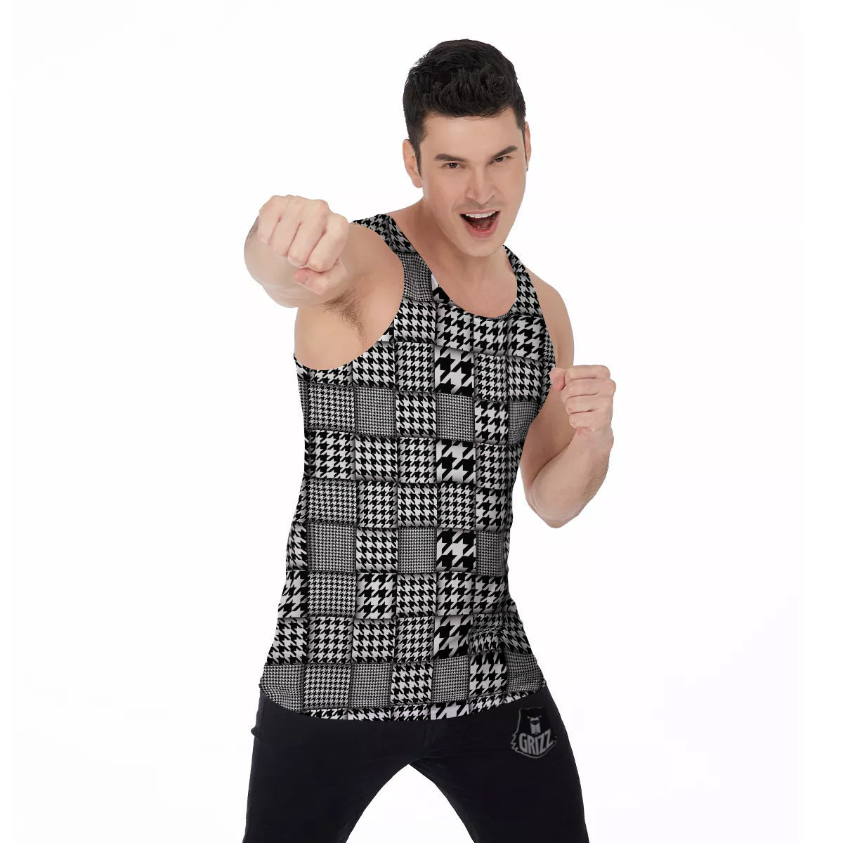 Geometric Patchwork Houndstooth Print Pattern Men's Tank Top-grizzshop