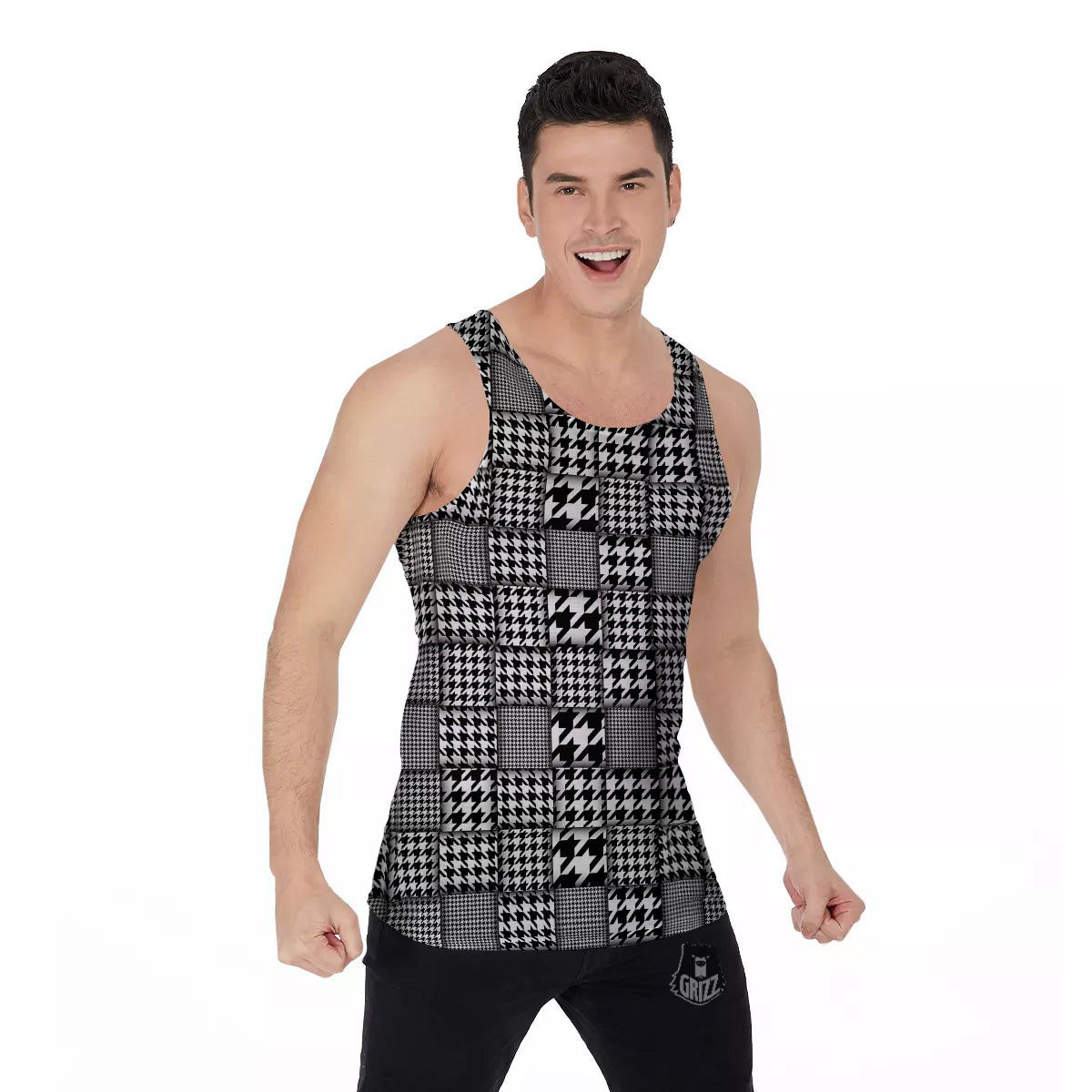 Geometric Patchwork Houndstooth Print Pattern Men's Tank Top-grizzshop