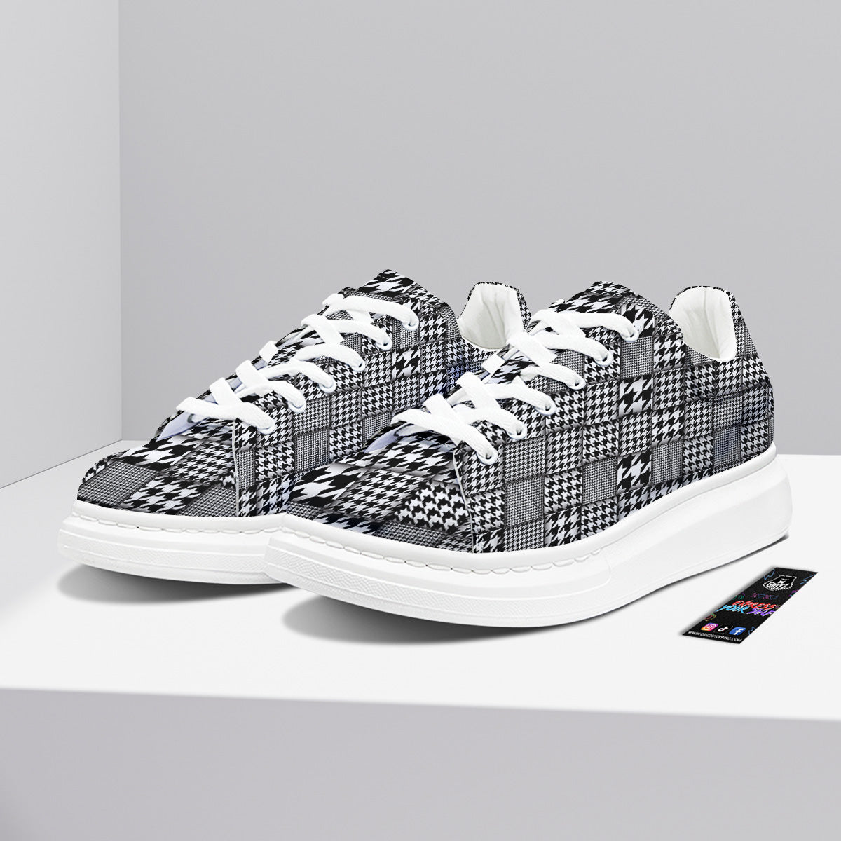 Geometric Patchwork Houndstooth Print Pattern Platform Shoes-grizzshop