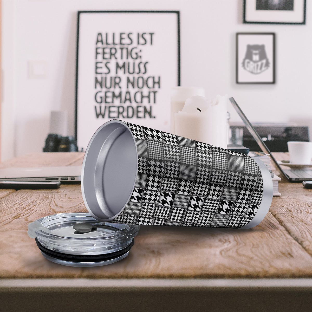 Geometric Patchwork Houndstooth Print Pattern Tumbler-grizzshop