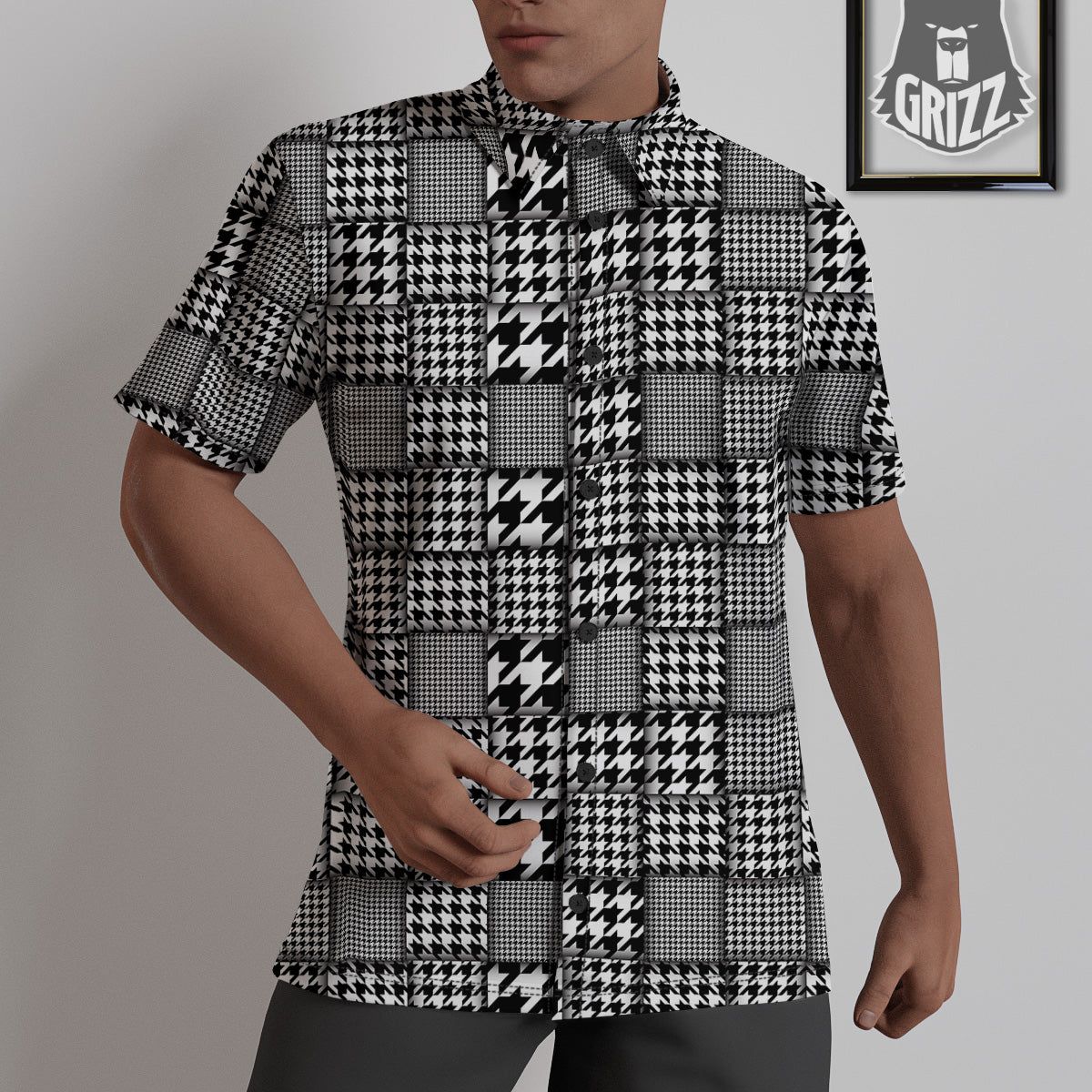 Geometric Patchwork Houndstooth Print Pattern Untucked Shirts-grizzshop