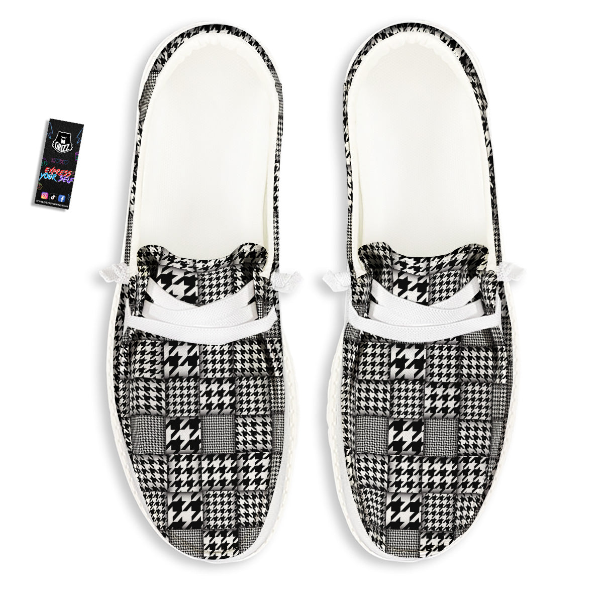 Geometric Patchwork Houndstooth Print Pattern White Loafers-grizzshop