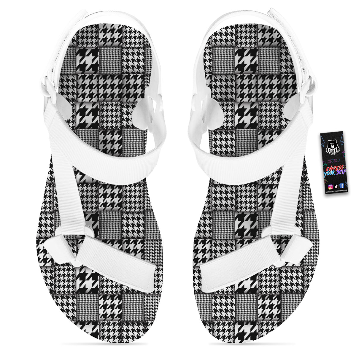 Geometric Patchwork Houndstooth Print Pattern White Open Toe Sandals-grizzshop