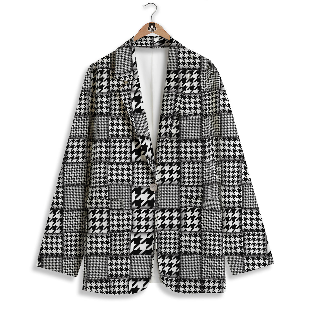 Geometric Patchwork Houndstooth Print Pattern Women's Blazer-grizzshop