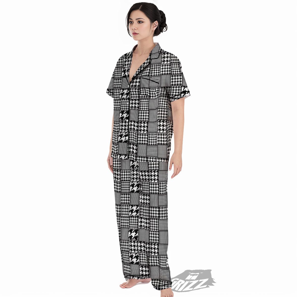 Geometric Patchwork Houndstooth Print Pattern Women's Pajamas Set-grizzshop