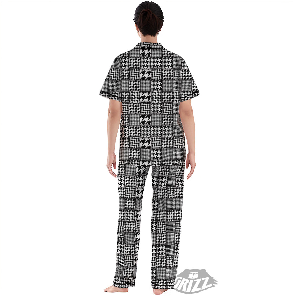 Geometric Patchwork Houndstooth Print Pattern Women's Pajamas Set-grizzshop