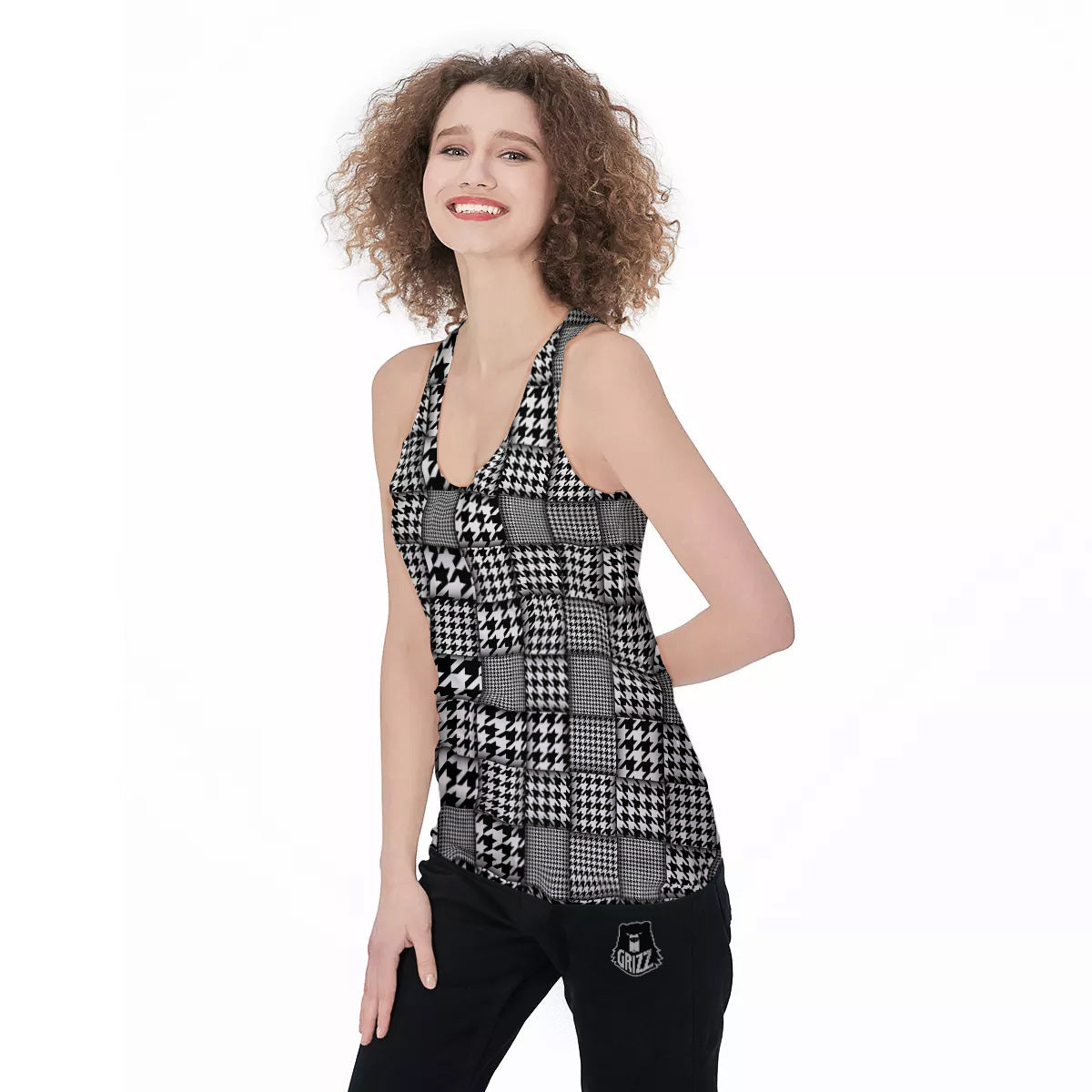 Geometric Patchwork Houndstooth Print Pattern Women's Racerback Tank Top-grizzshop