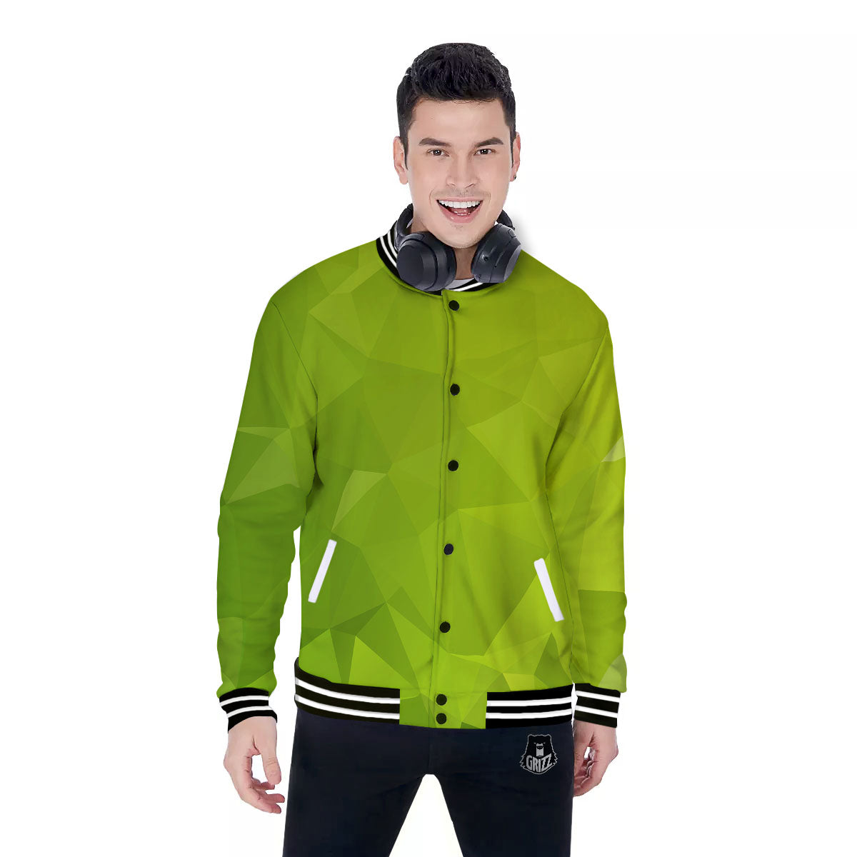 Geometric Polygonal Green Print Baseball Jacket-grizzshop