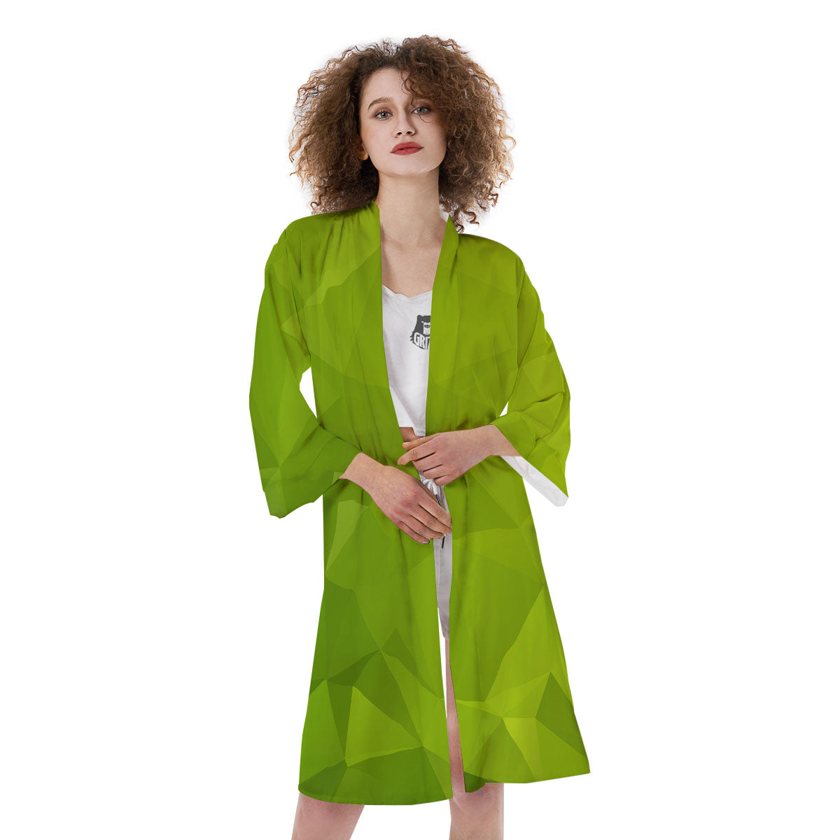 Geometric Polygonal Green Print Kimono-grizzshop