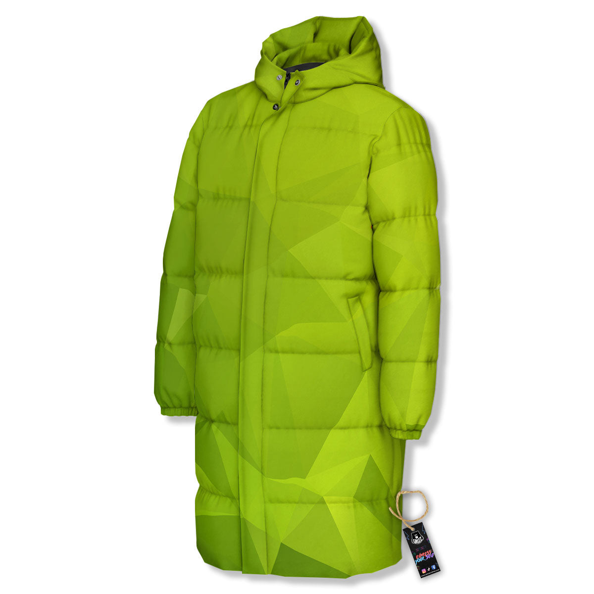 Geometric Polygonal Green Print Long Down Jacket-grizzshop