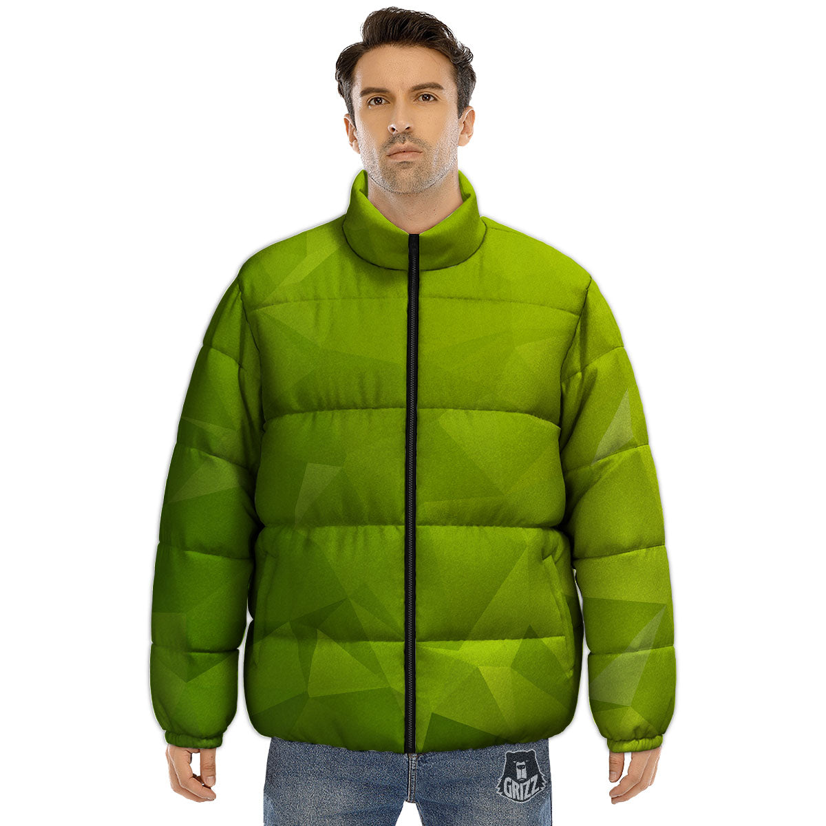 Geometric Polygonal Green Print Puffer Jacket-grizzshop