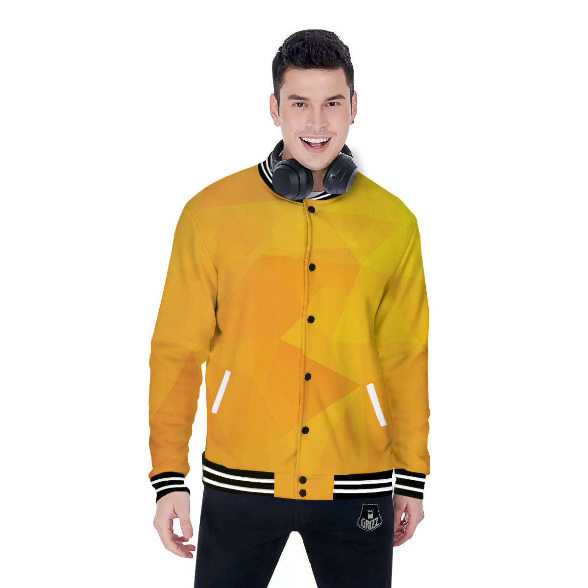Geometric Polygonal Yellow Print Baseball Jacket-grizzshop