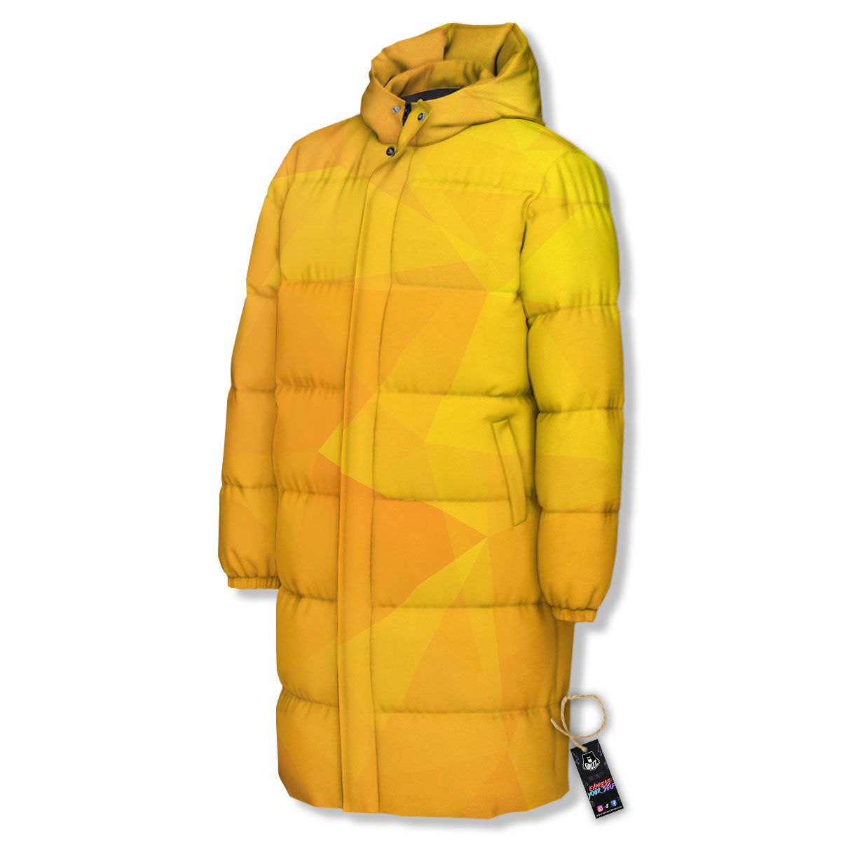 Geometric Polygonal Yellow Print Long Down Jacket-grizzshop