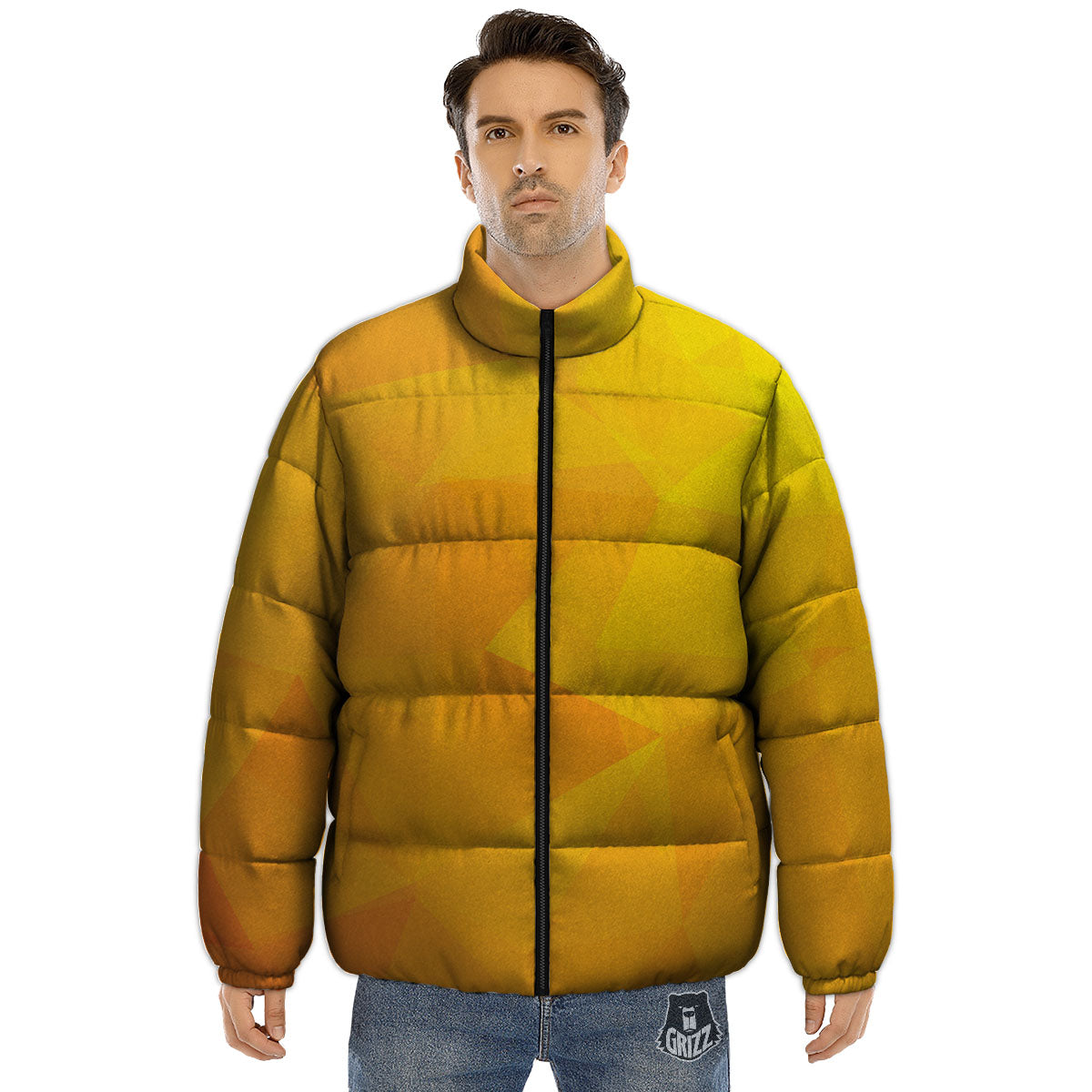 Geometric Polygonal Yellow Print Puffer Jacket-grizzshop