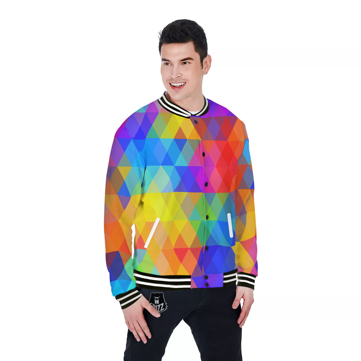 Geometric Rainbow Polygonal Print Baseball Jacket-grizzshop
