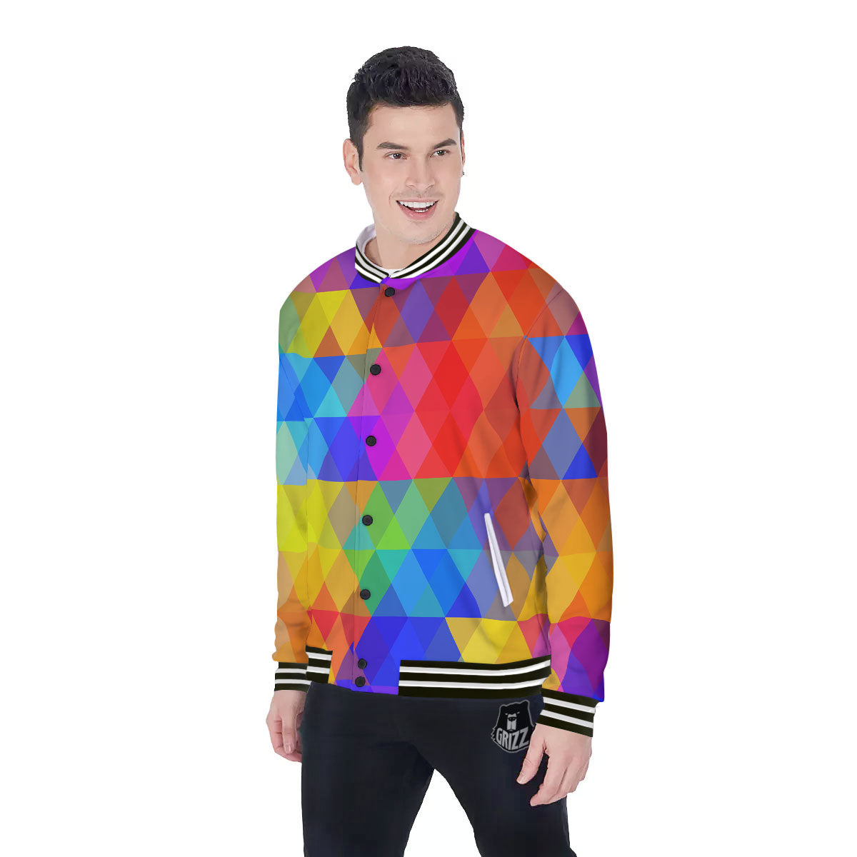 Geometric Rainbow Polygonal Print Baseball Jacket-grizzshop