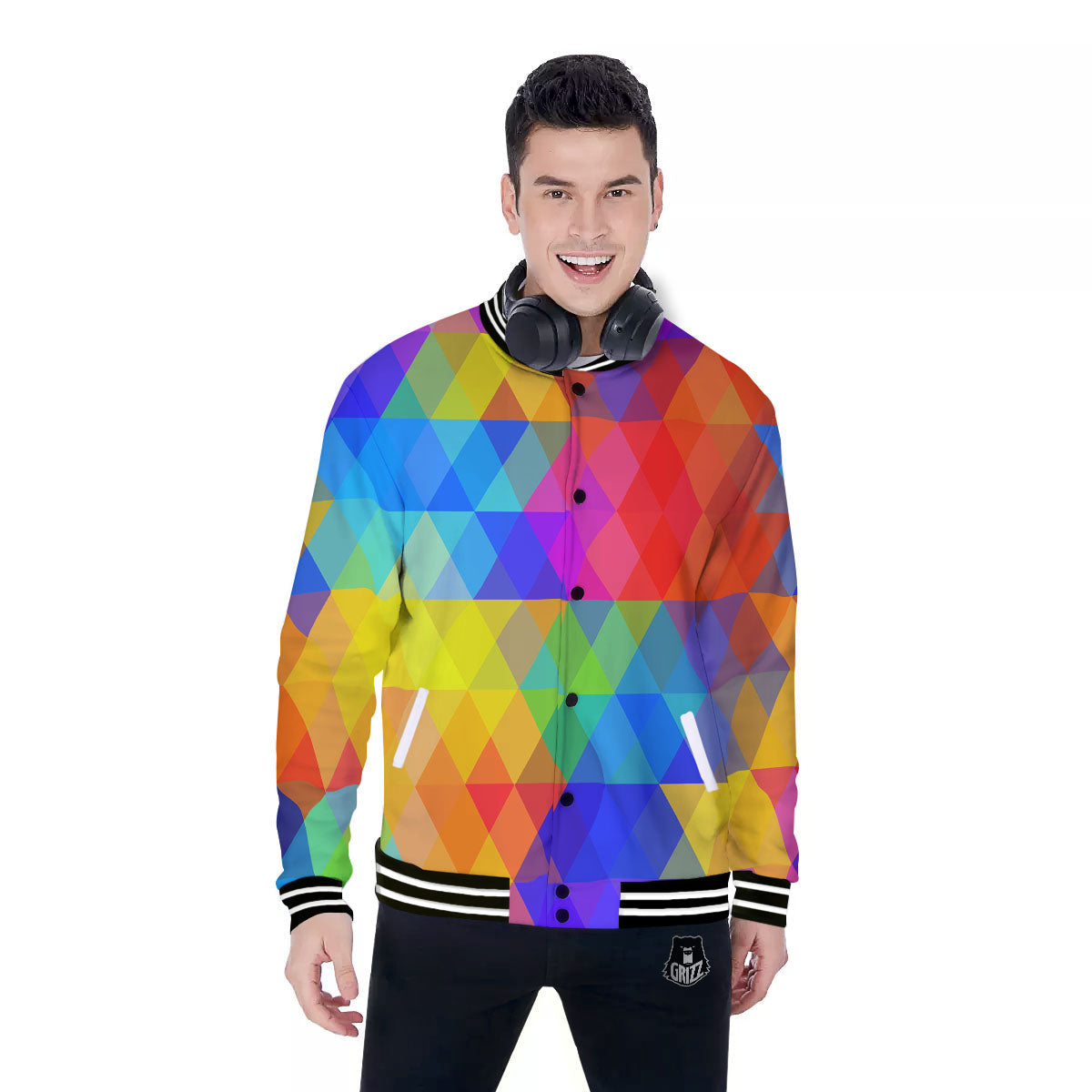 Geometric Rainbow Polygonal Print Baseball Jacket-grizzshop