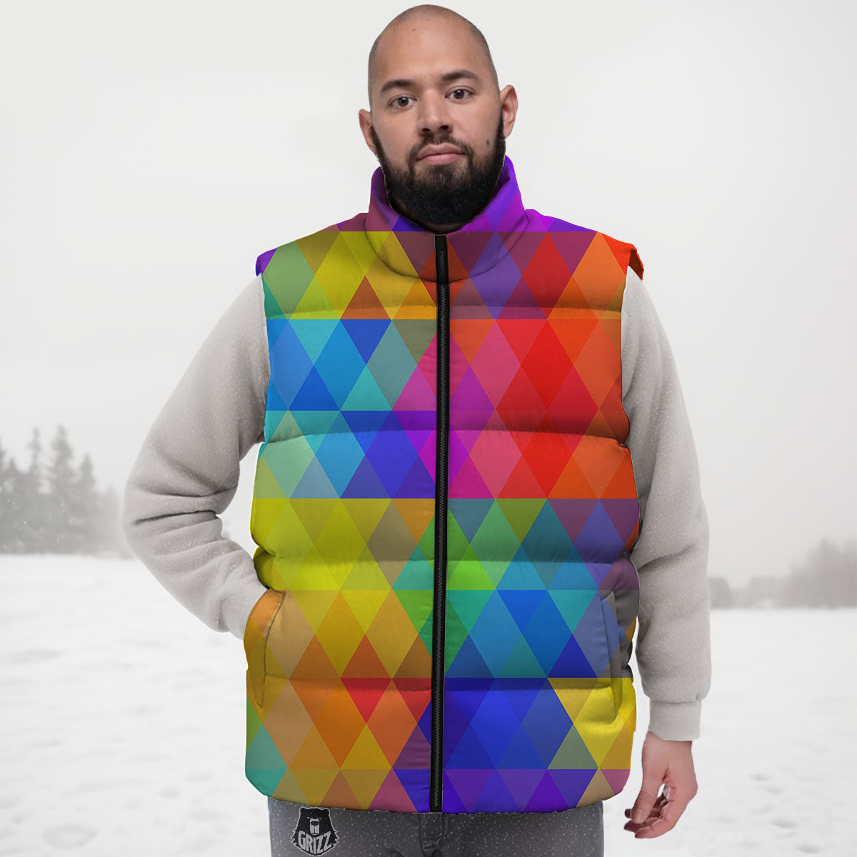 Geometric Rainbow Polygonal Print Down Vest