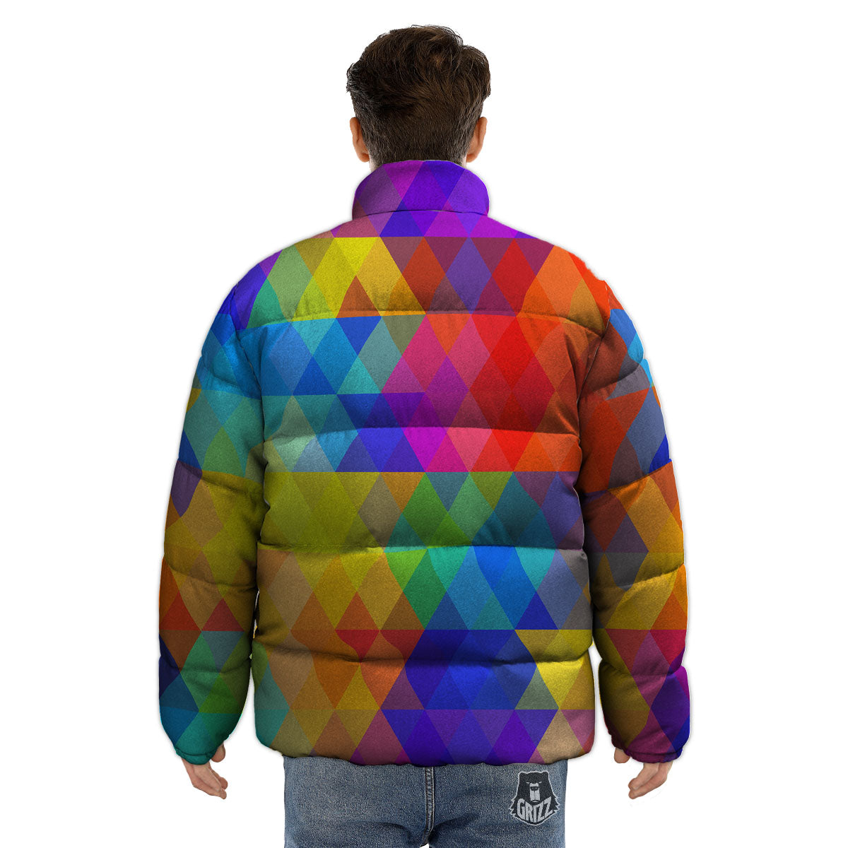 Geometric Rainbow Polygonal Print Puffer Jacket-grizzshop