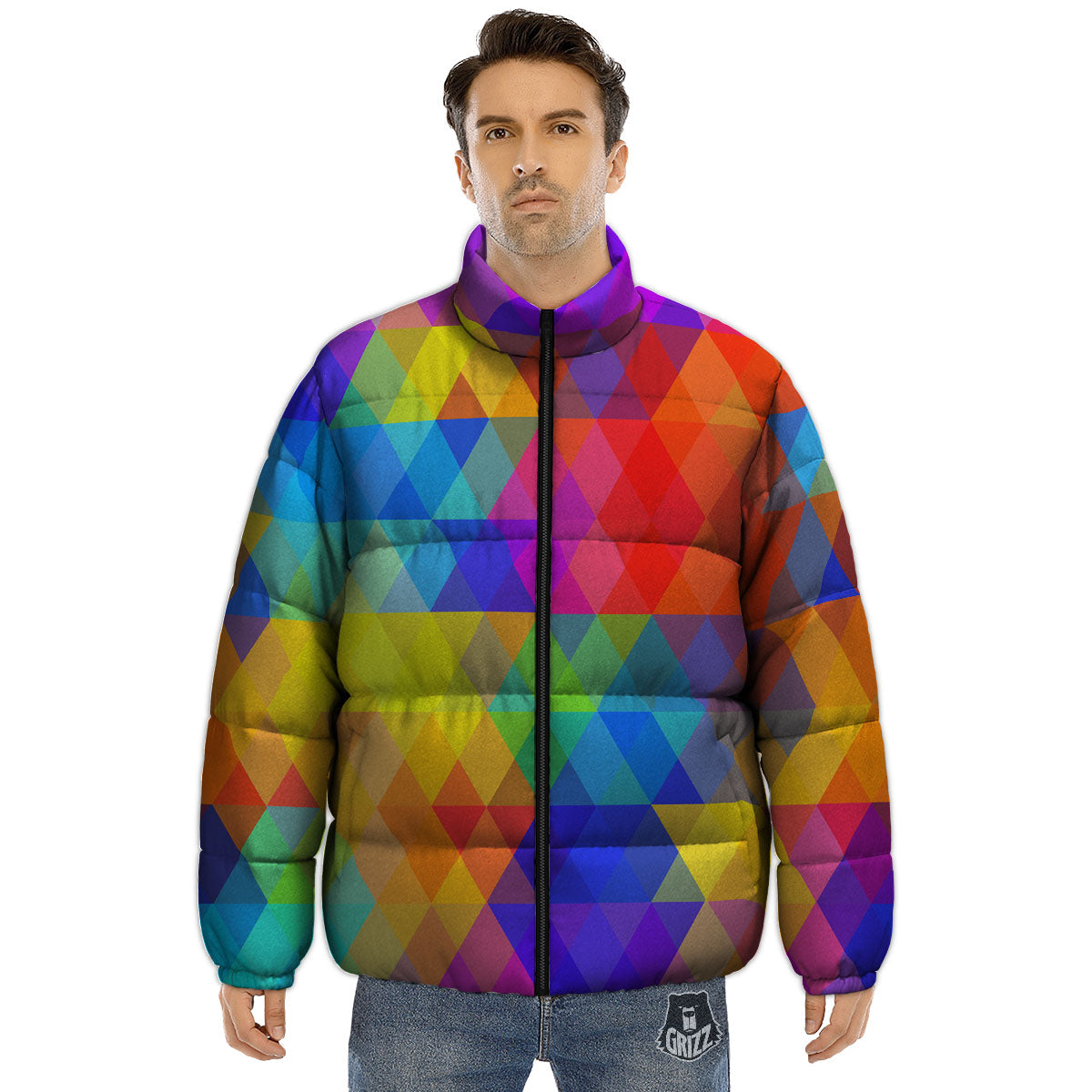 Geometric Rainbow Polygonal Print Puffer Jacket-grizzshop