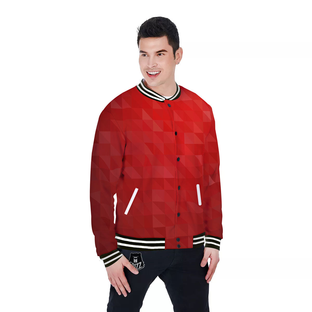 Geometric Red Polygonal Print Baseball Jacket-grizzshop