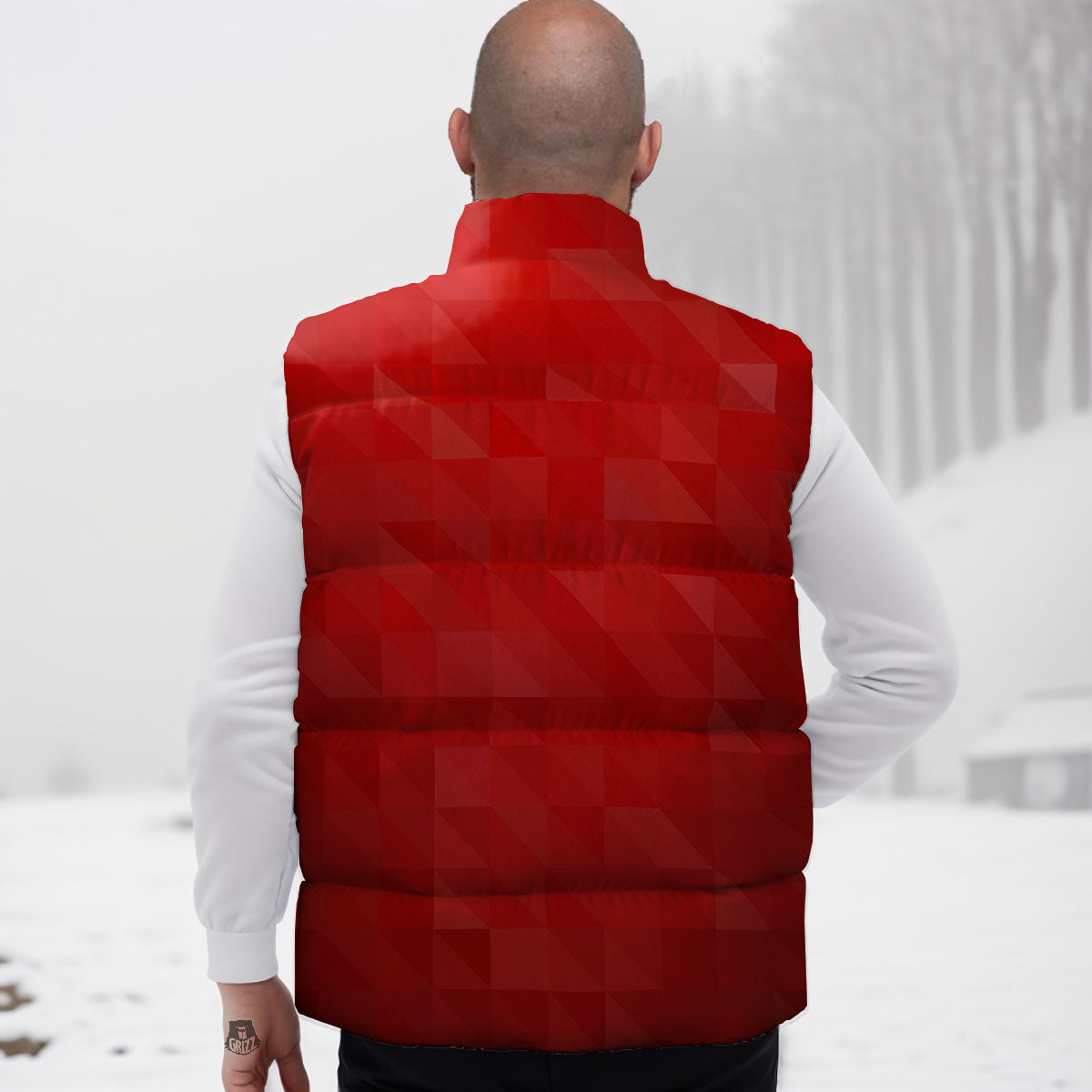 Geometric Red Polygonal Print Down Vest-grizzshop