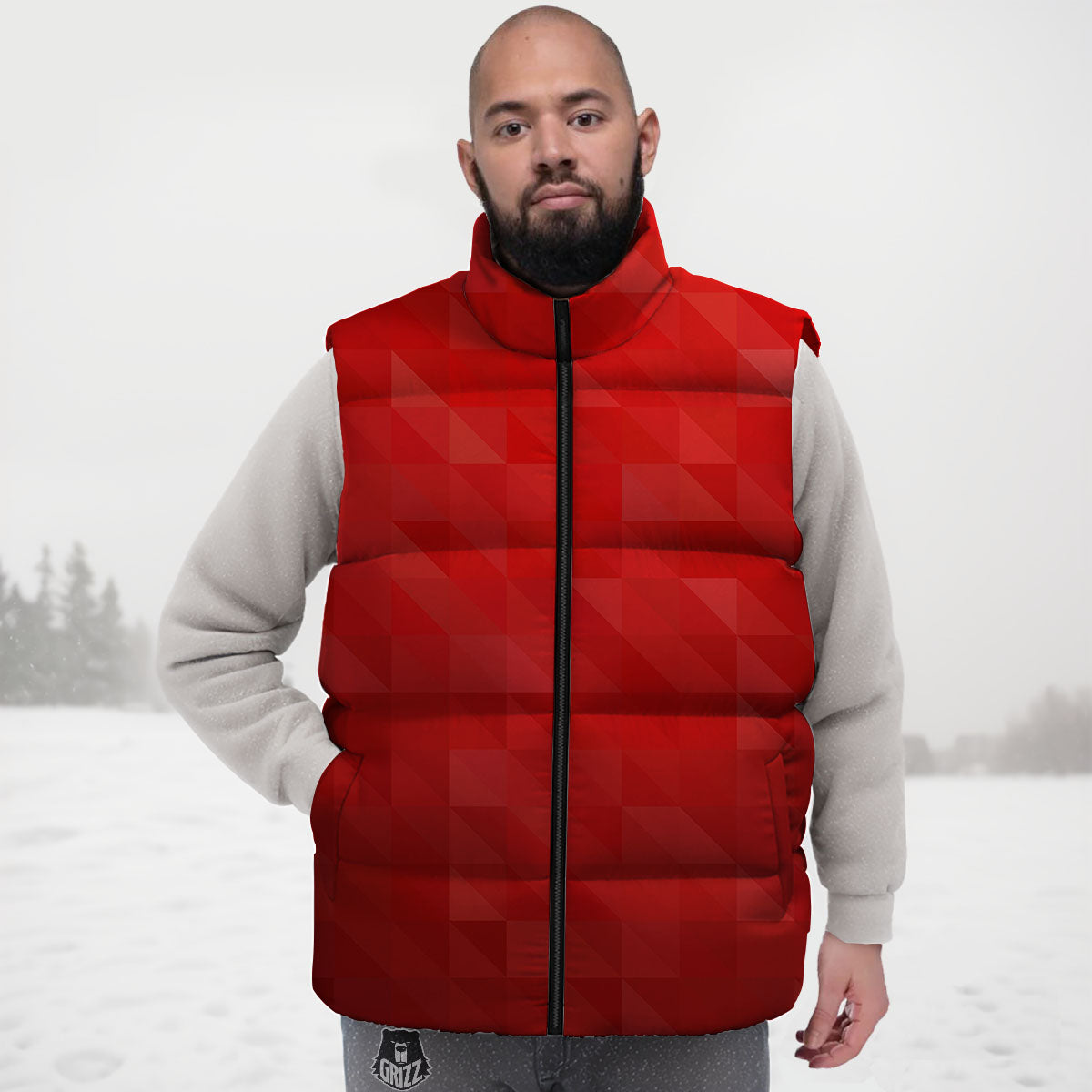 Geometric Red Polygonal Print Down Vest-grizzshop