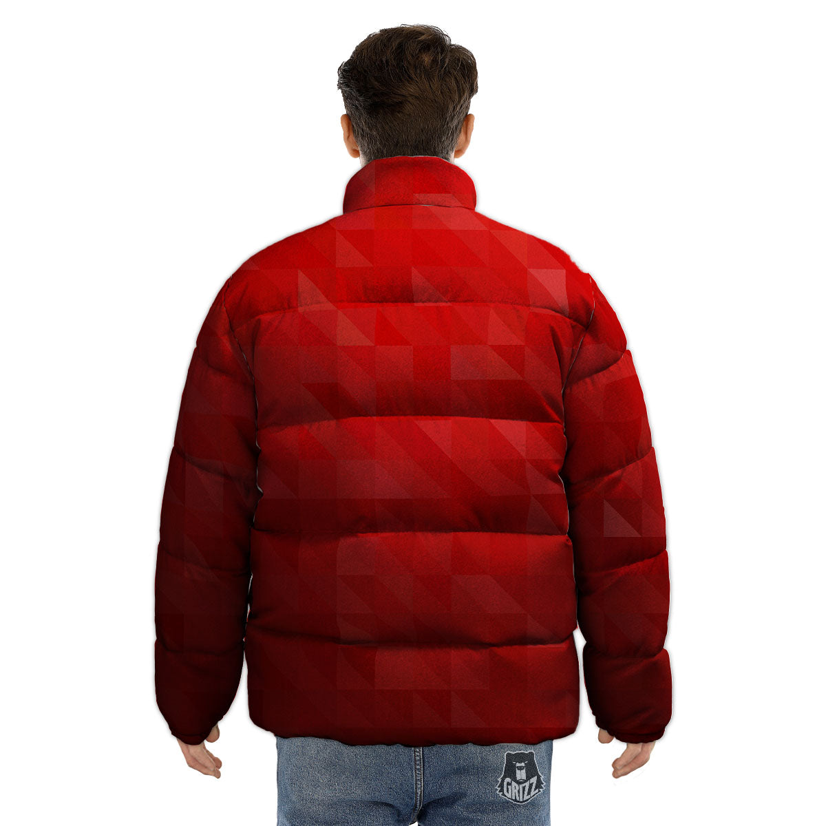 Geometric Red Polygonal Print Puffer Jacket-grizzshop