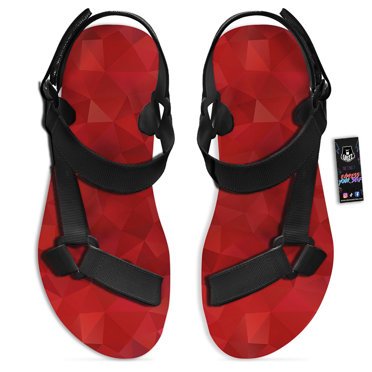 Geometric Red Print Pattern Black Open Toe Sandals-grizzshop