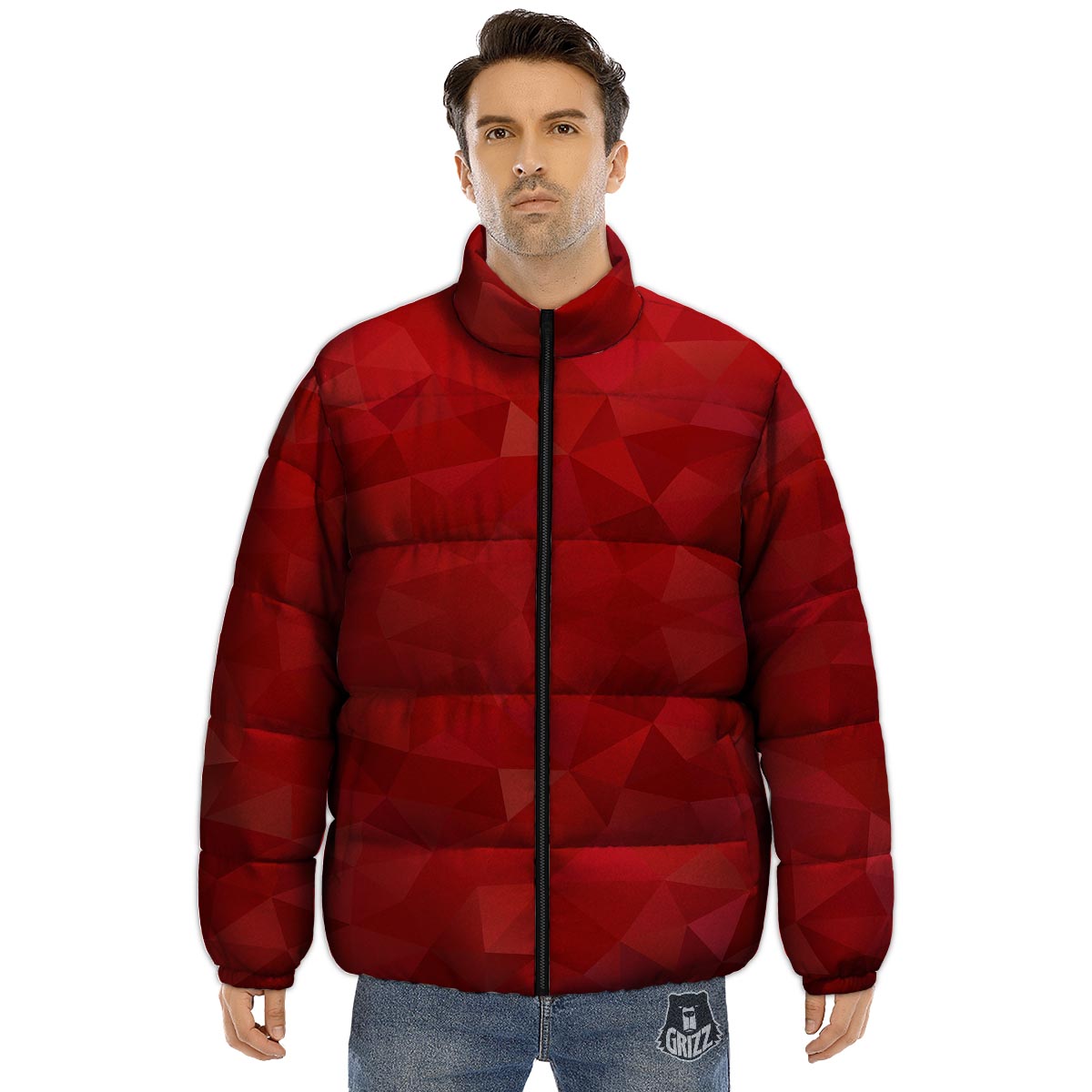 Geometric Red Print Pattern Puffer Jacket-grizzshop