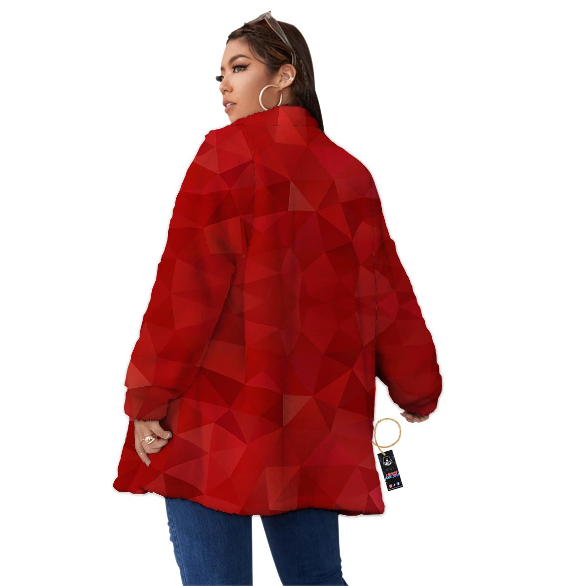 Geometric Red Print Pattern Women's Sherpa Jacket-grizzshop