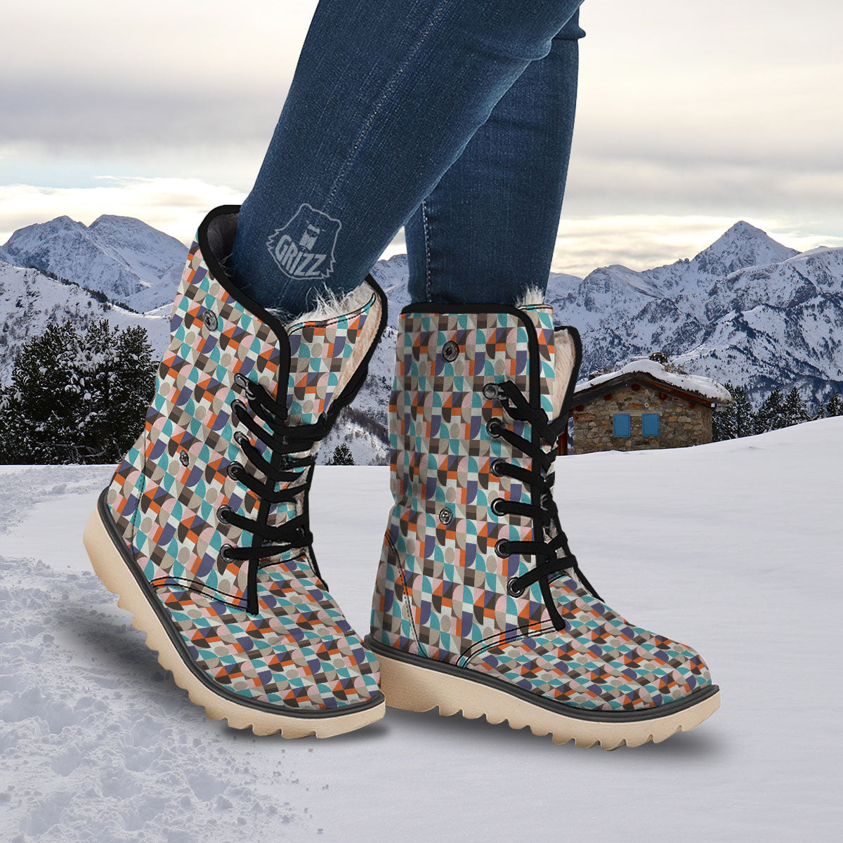 Geometric Shape Pastel Print Pattern Snow Boots-grizzshop