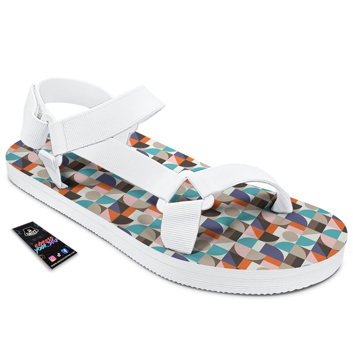 Geometric Shape Pastel Print Pattern White Open Toe Sandals-grizzshop