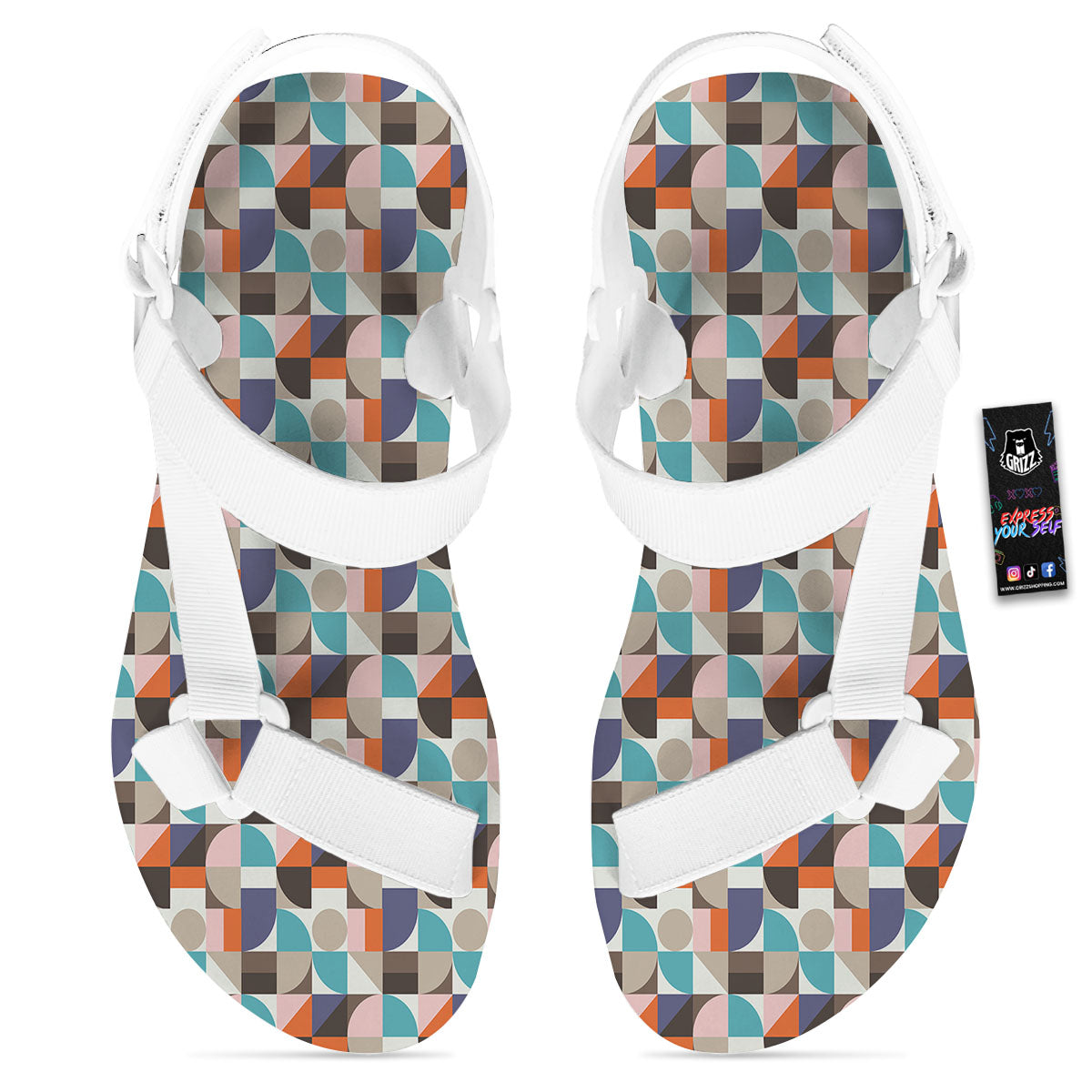 Geometric Shape Pastel Print Pattern White Open Toe Sandals-grizzshop