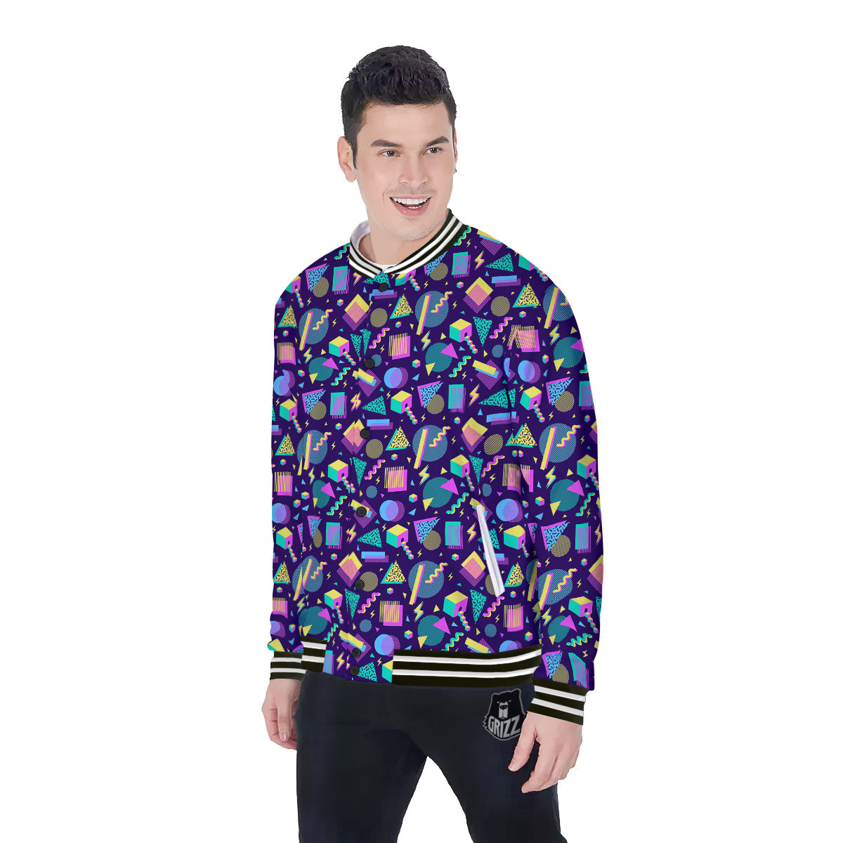 Geometric Shapes Neon Print Pattern Baseball Jacket-grizzshop