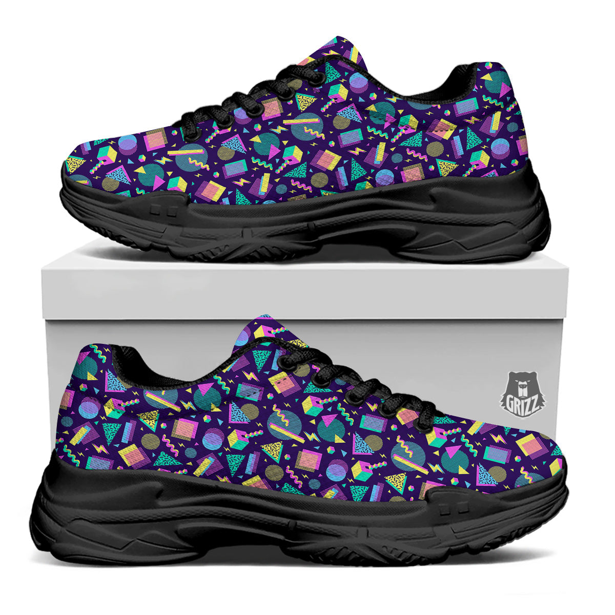 Geometric Shapes Neon Print Pattern Black Chunky Shoes-grizzshop