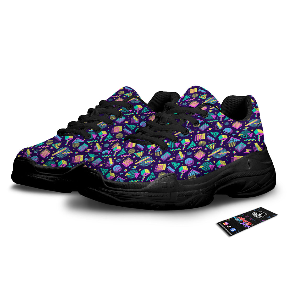 Geometric Shapes Neon Print Pattern Black Chunky Shoes-grizzshop