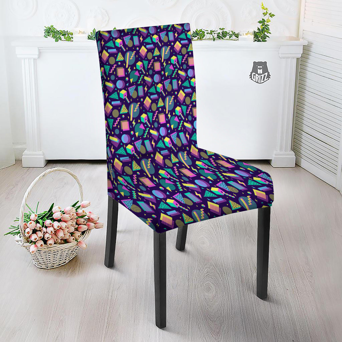 Geometric Shapes Neon Print Pattern Dining Chair Slipcover-grizzshop