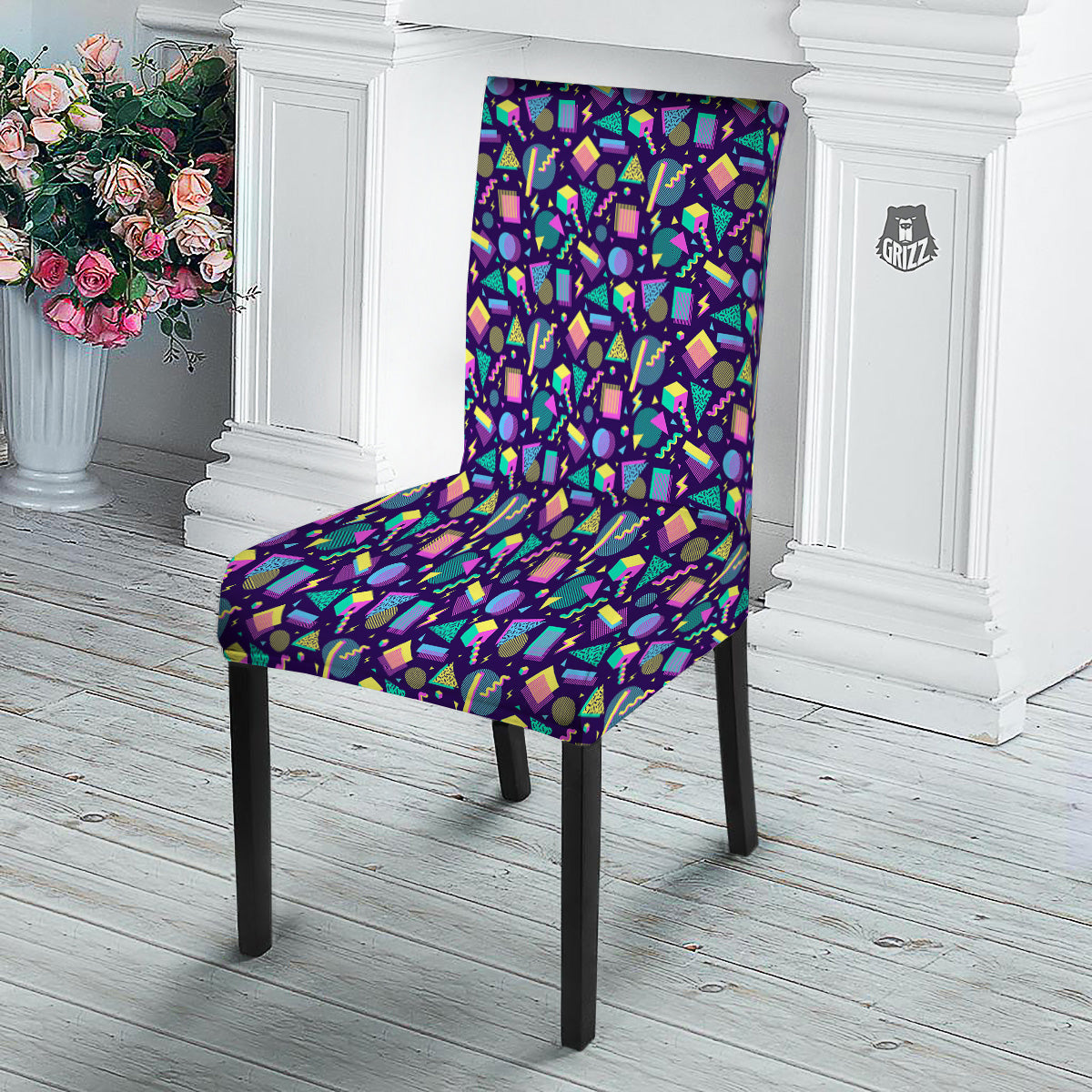 Geometric Shapes Neon Print Pattern Dining Chair Slipcover-grizzshop