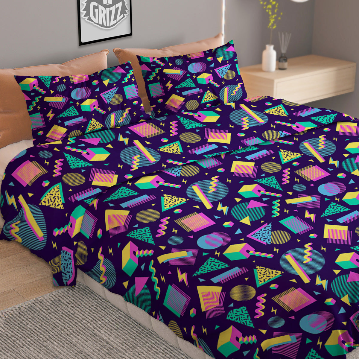 Geometric Shapes Neon Print Pattern Duvet Cover Bedding Set