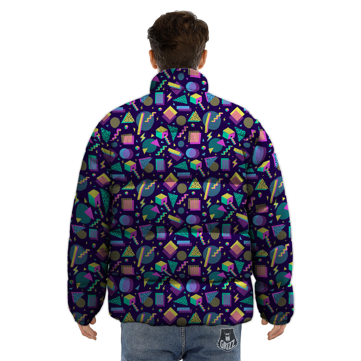 Geometric Shapes Neon Print Pattern Puffer Jacket-grizzshop