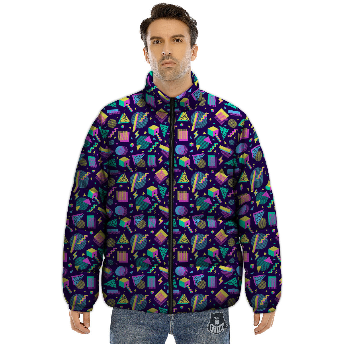 Geometric Shapes Neon Print Pattern Puffer Jacket-grizzshop
