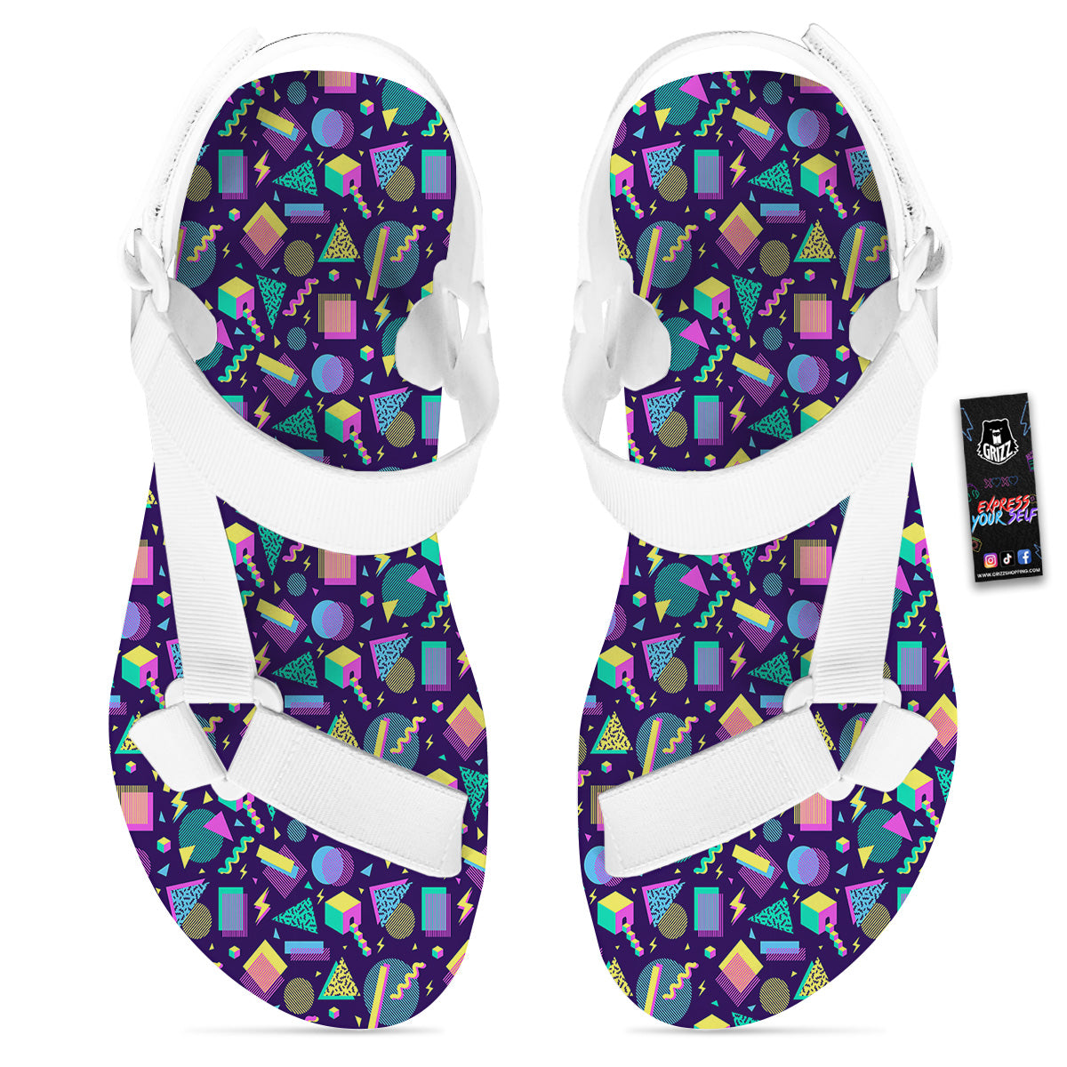 Geometric Shapes Neon Print Pattern White Open Toe Sandals-grizzshop