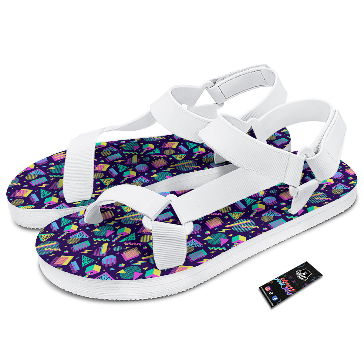 Geometric Shapes Neon Print Pattern White Open Toe Sandals-grizzshop
