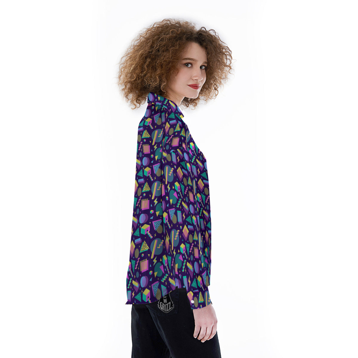 Geometric Shapes Neon Print Pattern Women's Long Sleeve Shirts-grizzshop