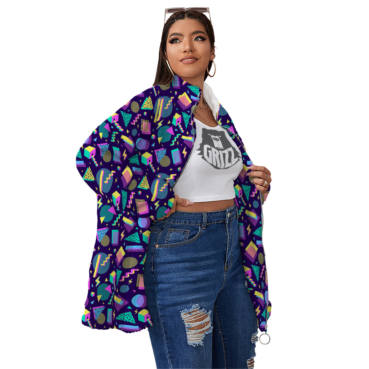 Geometric Shapes Neon Print Pattern Women's Sherpa Jacket-grizzshop